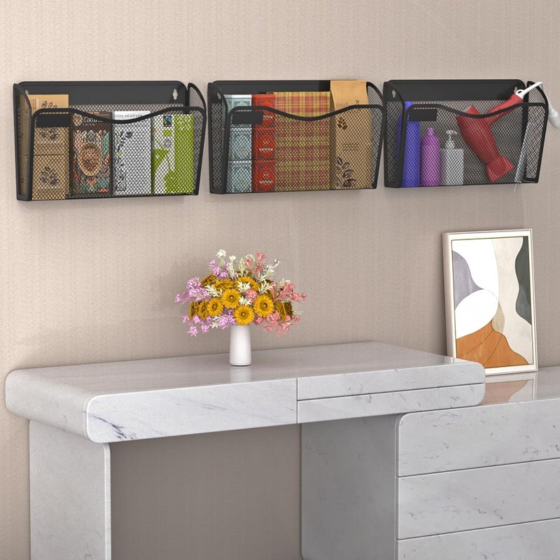 BOHDK Wall File Organizer, Mesh Hanging File Organizer, Home Office Organization and Storage, 3 Single Pockets Document Magazine Rack - Image 5